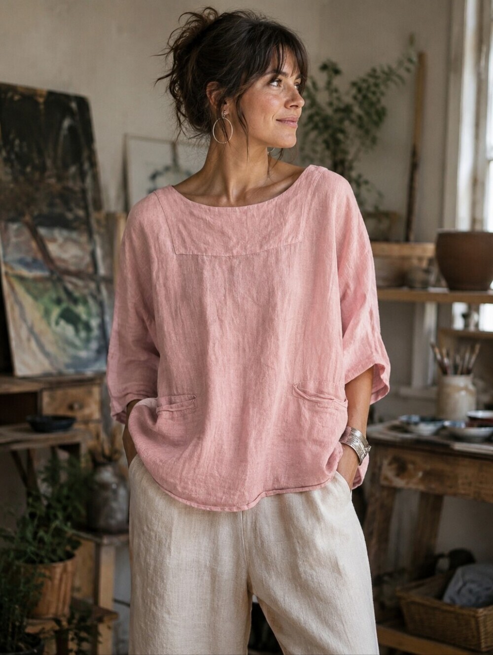Samansa Mos2 Casual Linen Tunic Top in Blush Pink